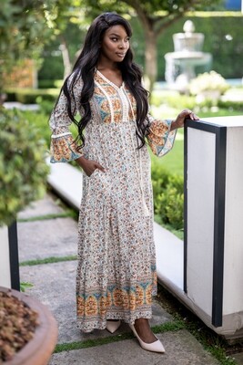 Mastik Bohemian mixed print Maxi Dress with Bell Sleeve and crocheted detail