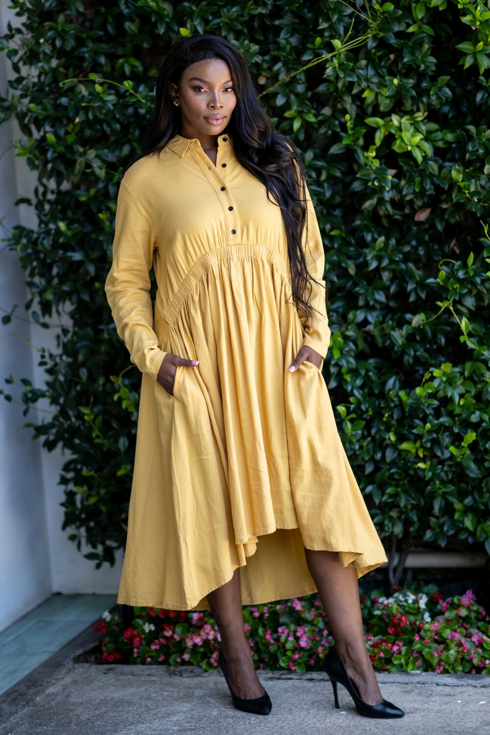 Mastik Mustard Linen Collared Dress with Buttons, Elastic Waist Detail and Dropped pockets