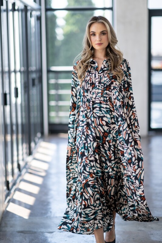 Mastik Green Abstract Print Dress with Smocked Detail, collar , pockets