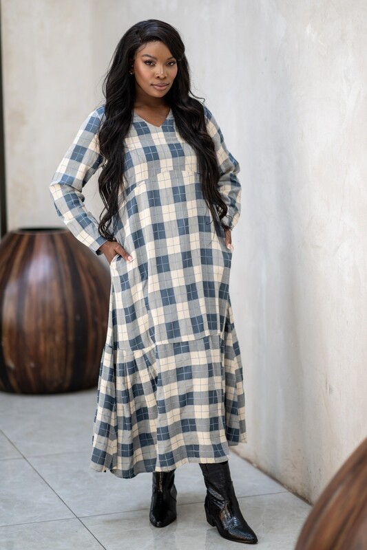 Mastik Blue &amp; Cream Gingham Linen Dress with pockets
