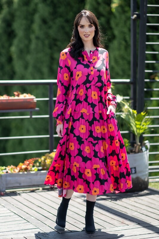 Mastik Cerise Pink Daisy Layered Dress with Pockets, rouched sleeves and buttons
