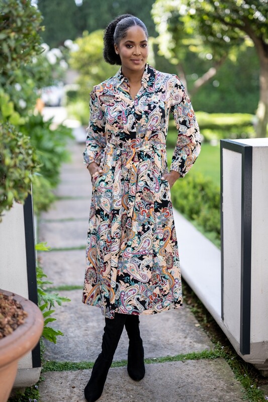 Mastik Paisley Print A-Line midi collared dress with button detail, pockets, belt and elasticated sleeves