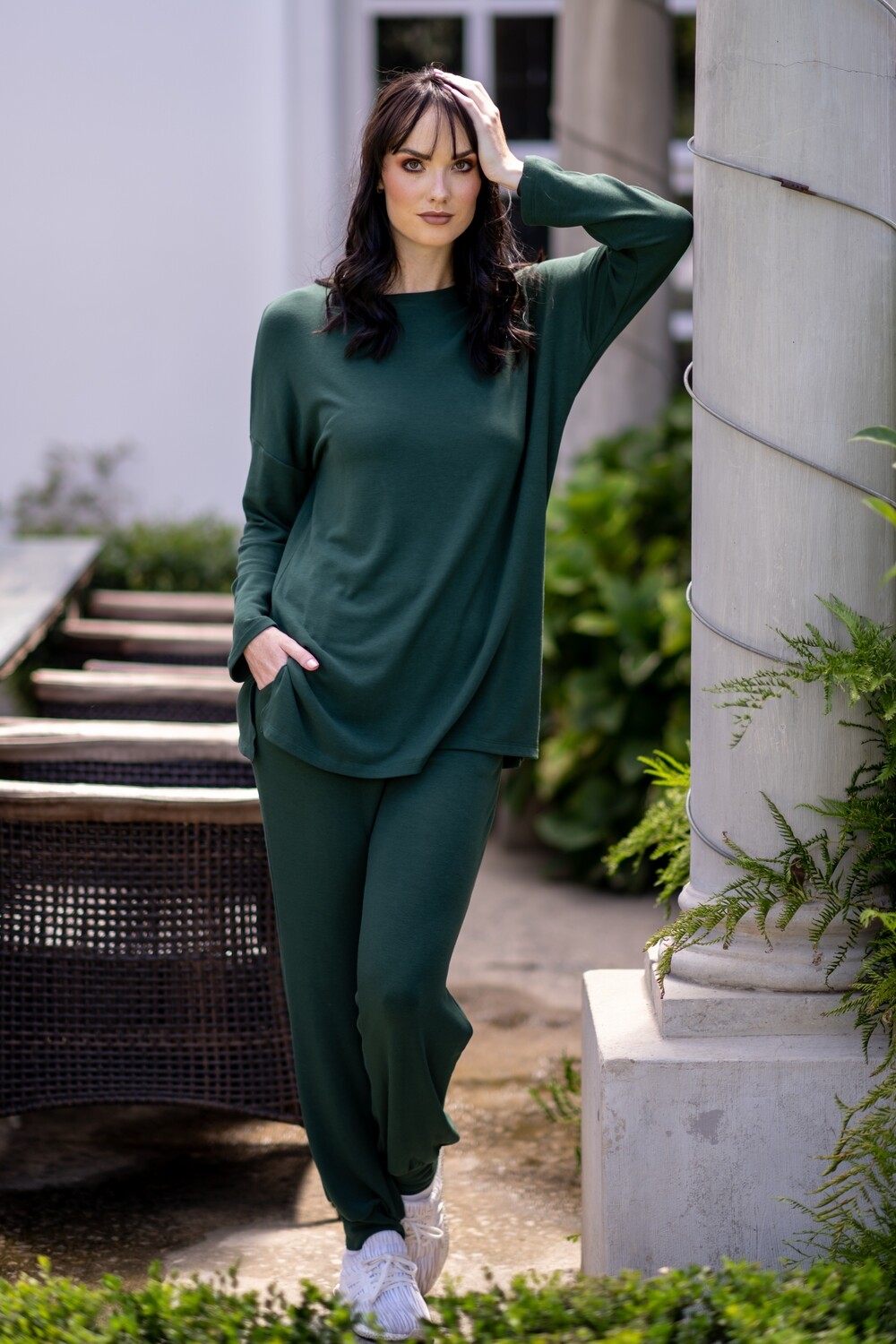 Mastik Emerald Green Slim Fit Pants with long relaxed Round Neck Top Two piece Lounge Wear