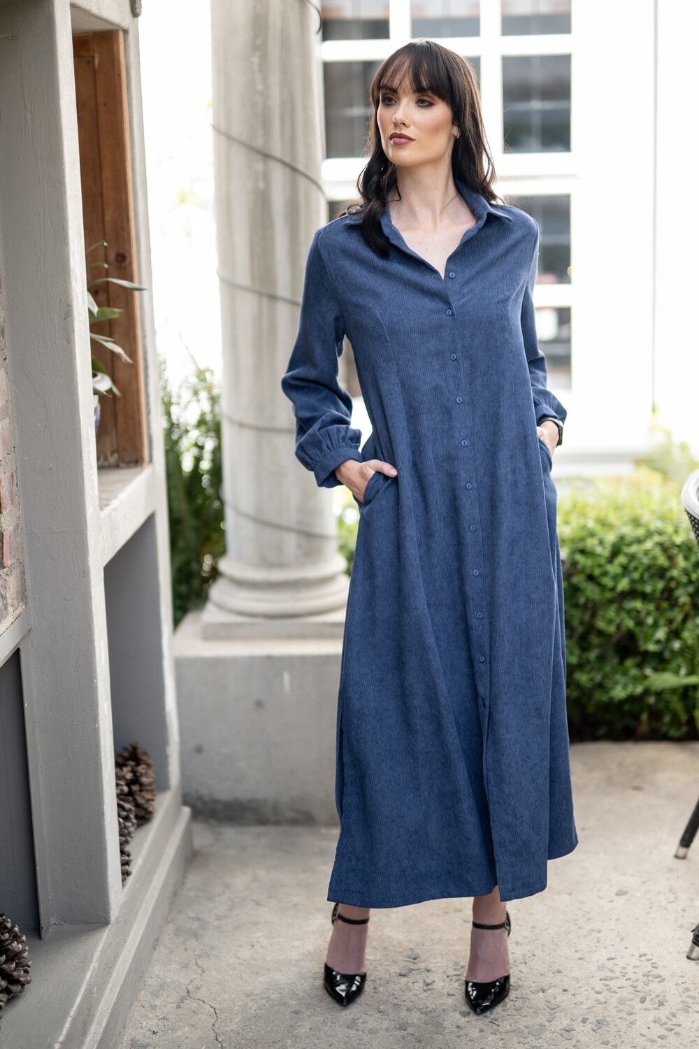 Mastik Denim Blue Corduroy Shirt Dress with full length button detail and Flattering Wide Belt - can also be worn as a jacket, Size: S