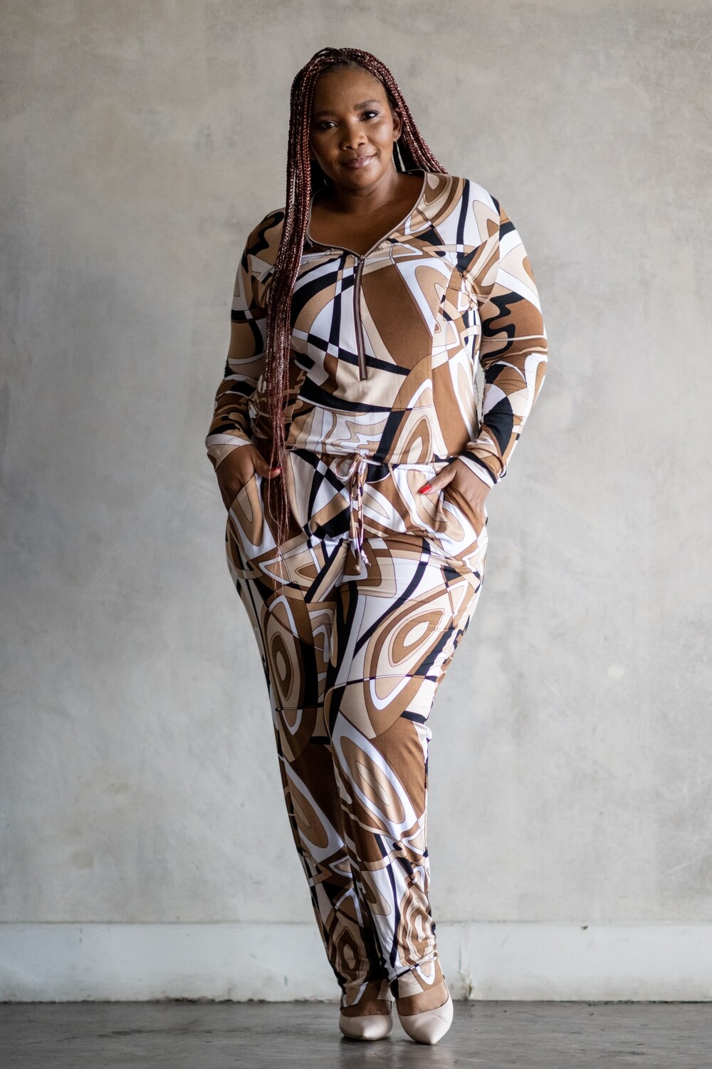 Mastik Abstract Coffee Print Jumpsuit with drawstring detail and zip front and back, Size: S