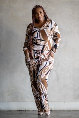 Mastik Abstract Coffee Print Jumpsuit with drawstring detail and zip front and back