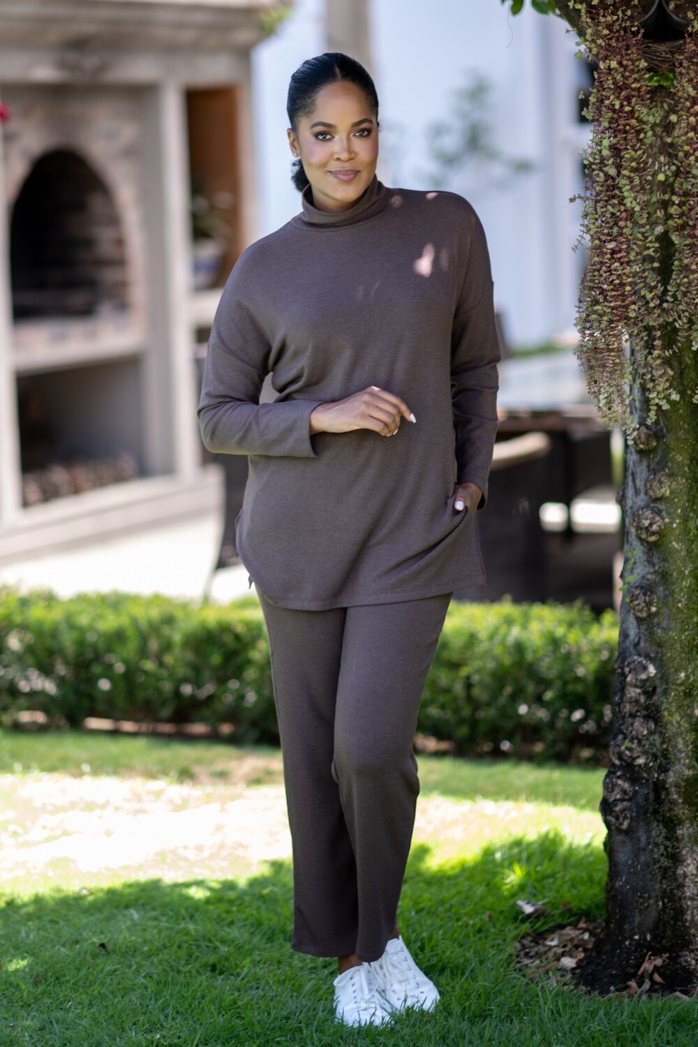 Mastik Mocha Slim Fit Pants with long relaxed Crew Neck Top Two piece Lounge Wear