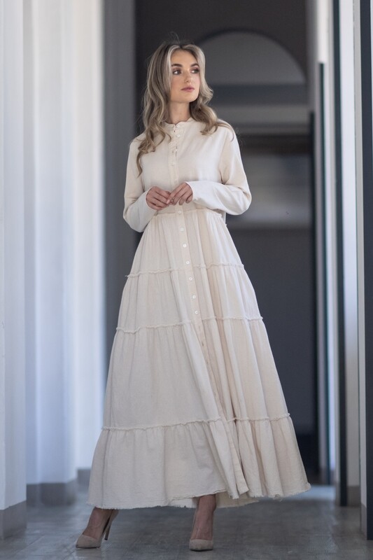 Mastik Linen Maxi cream tiered Dress with button detail and pockets