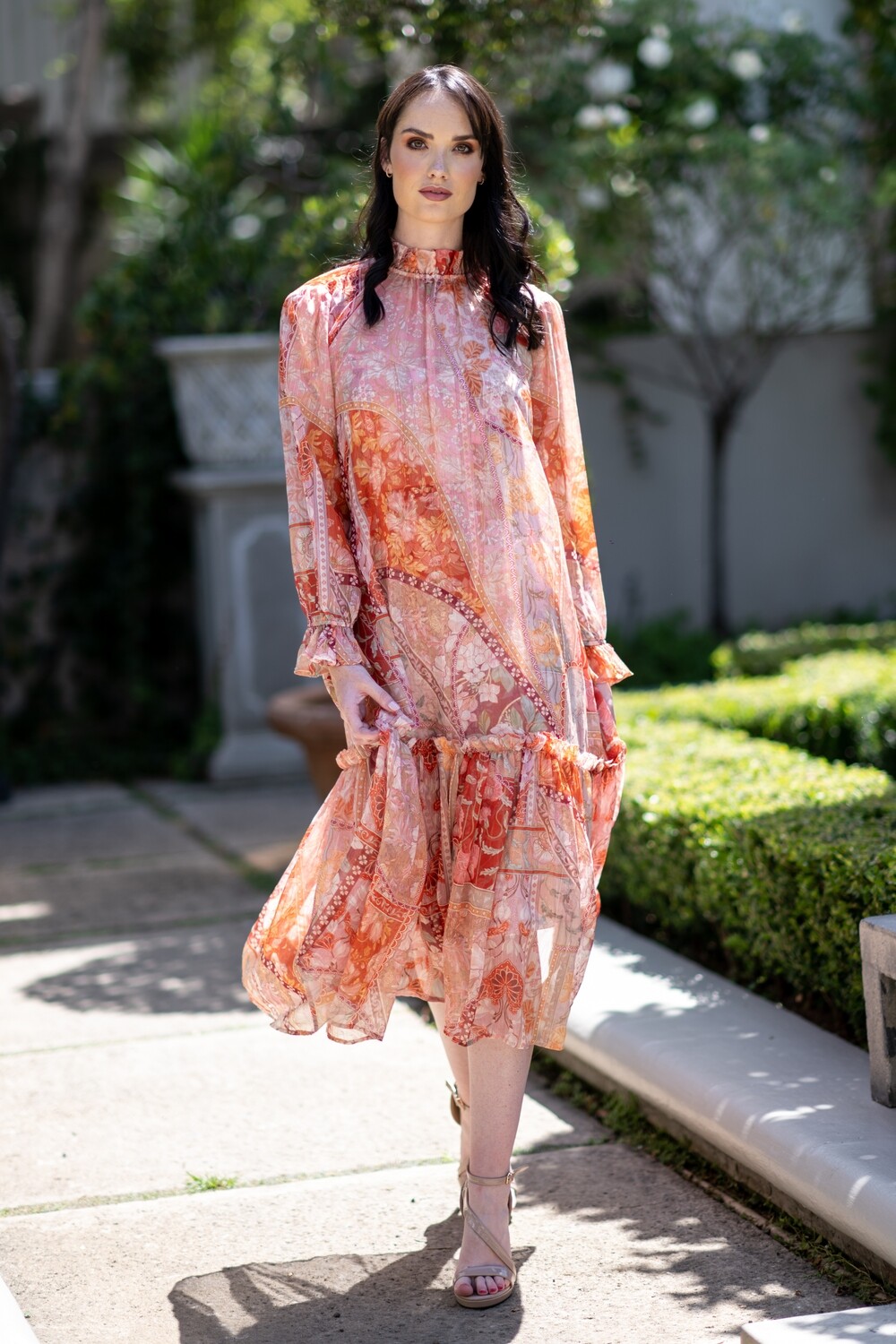 Mastik Orange Chiffon Flowing Floral Dress with ruffled Sleeve and collar with Belt and  matching underdress