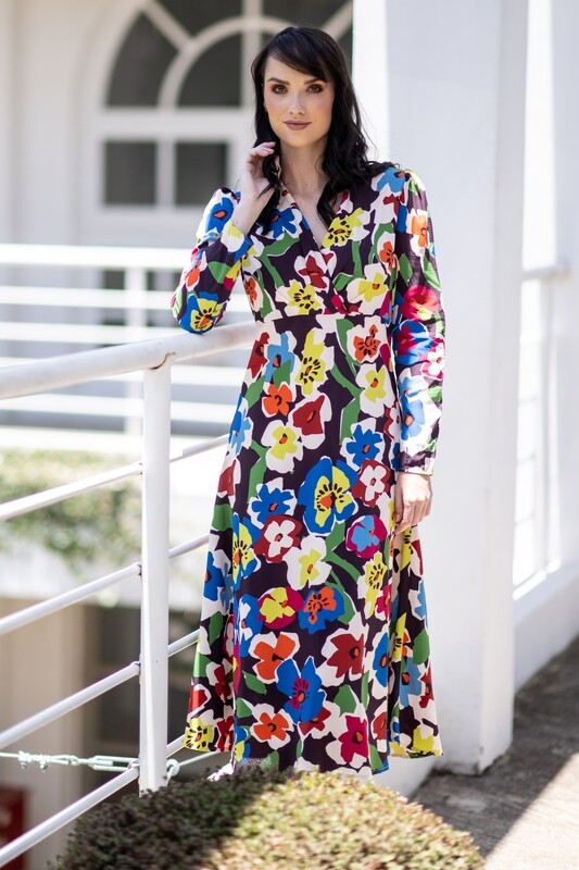 Mastik Multicoloured Floral A Line dress with cross over top and side zip