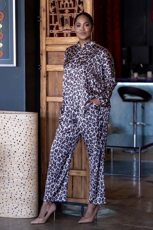 Mastik Leopard Print Two Piece Relaxed fit pants with pockets and Boxed buttoned  Top Lounge Wear