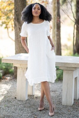 Mastik White Knee Length Dress with frill detail on sleeve and hem