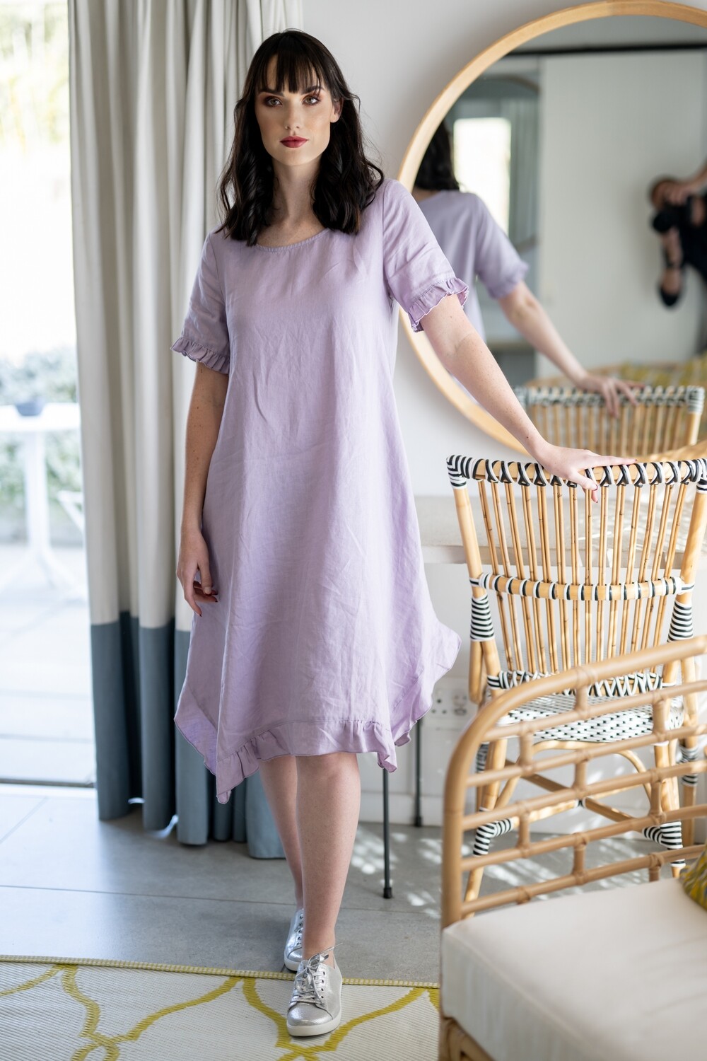 Mastik Lilac Knee Length Dress with frill detail on sleeve and hem, Size: S