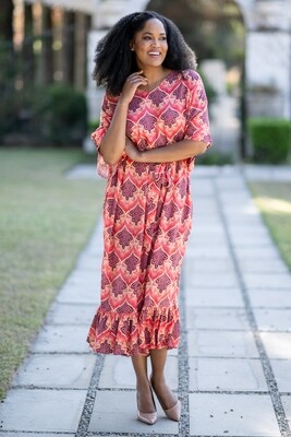 Mastik Bright Print Maxi Kaftan style  Dress with flared sleeves and matching belt