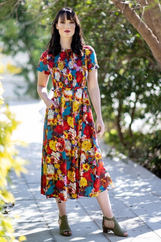 Mastik Bright Floral Smocked bodice with short sleeve and pockets