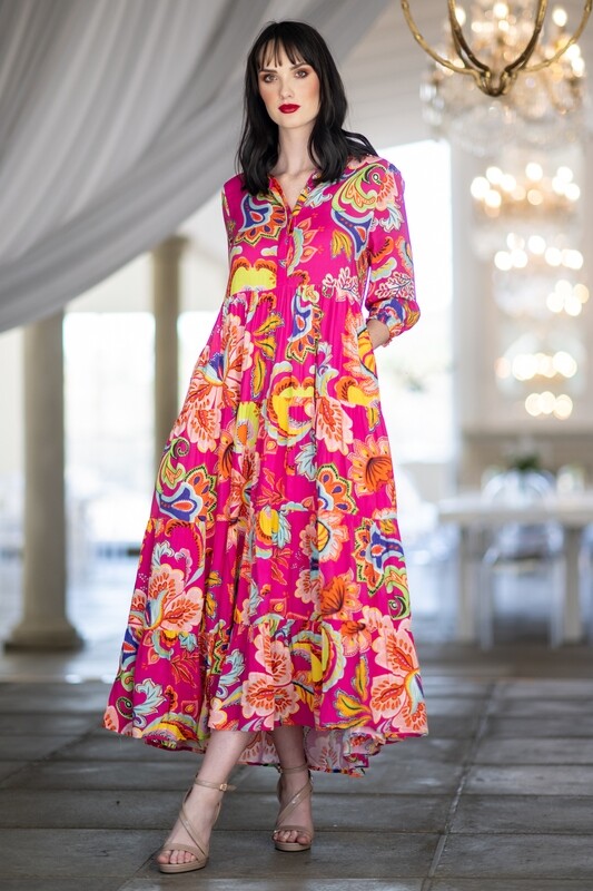 Mastik Bright Pink Paisley Print Fit n Flare Layererd Maxi Dress with pockets