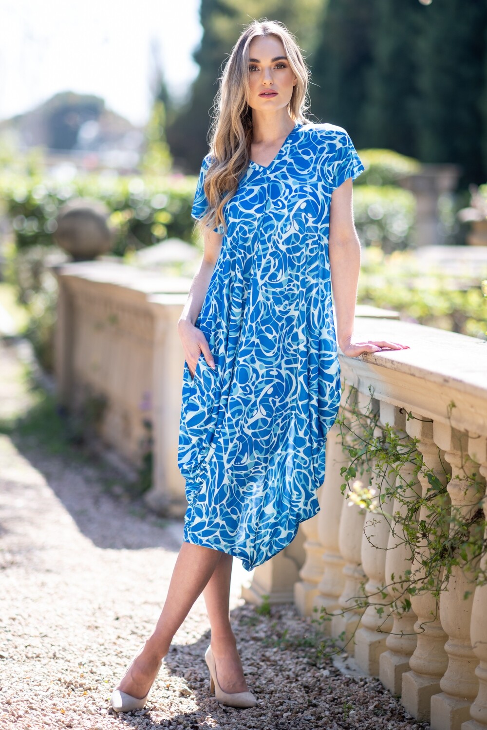 Mastik Blue Pattern Bubble style Dress Vneck shortleeve with pockets, Size: S