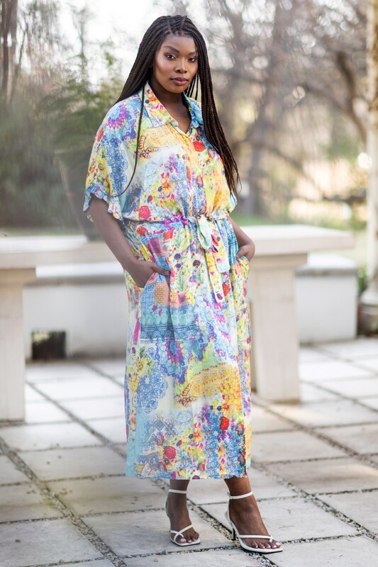 Mastik Shirt Multicolour print style dress with frill sleeve detail and drawstring waist