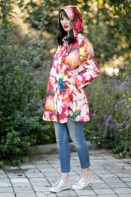 Mastik Floral Print Hooded Raincoat with pockets and drawstring waist