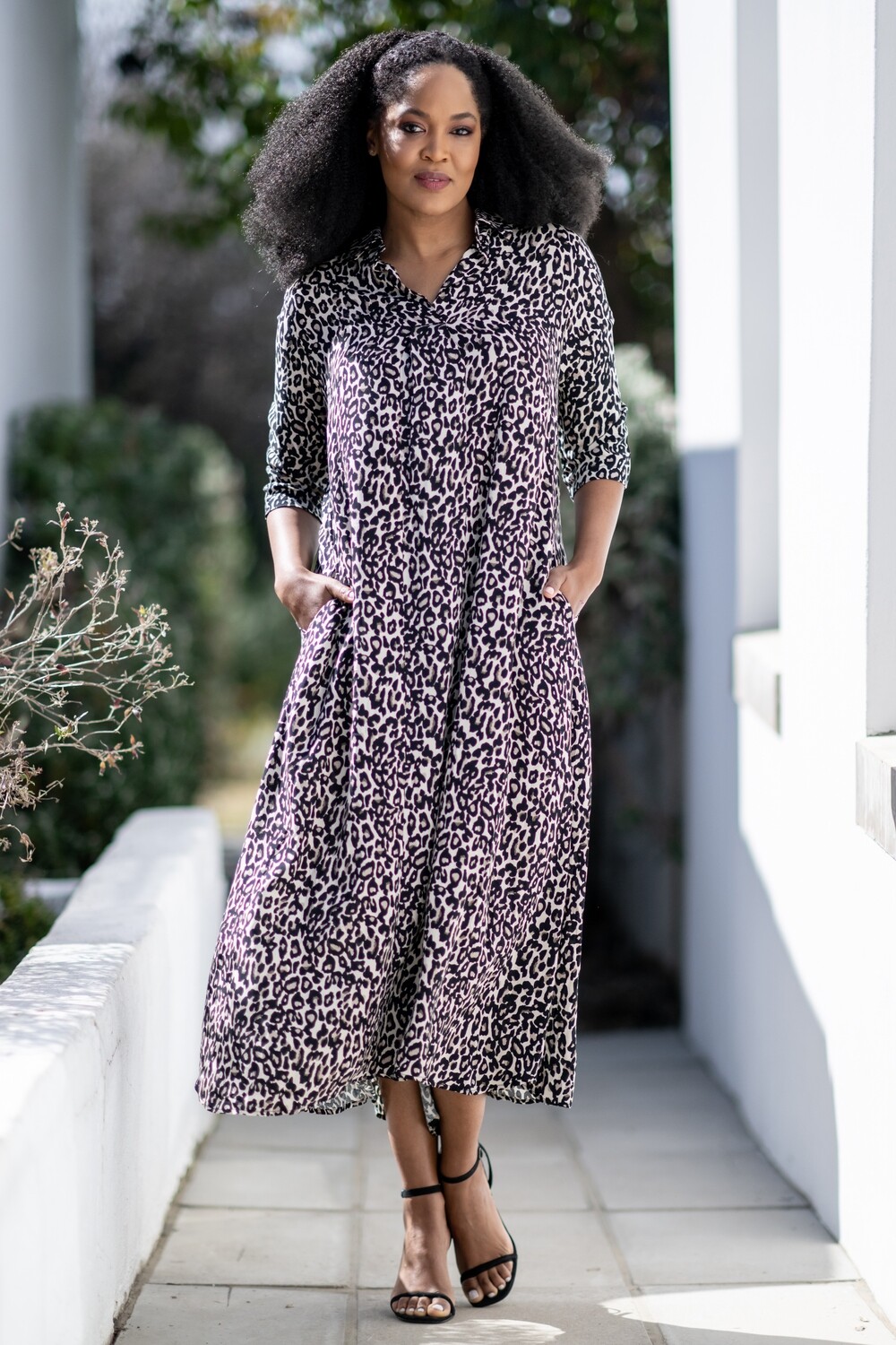 Mastik Leopard Print A-line Collared Maxi Dress with pockets, Size: S