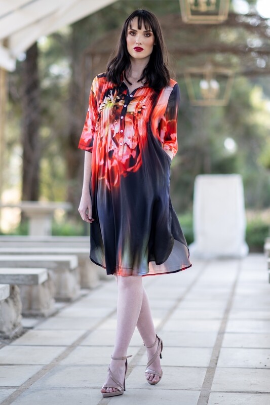Mastik Vibrant Rose print on Black Tunic with bodice detail and pockets