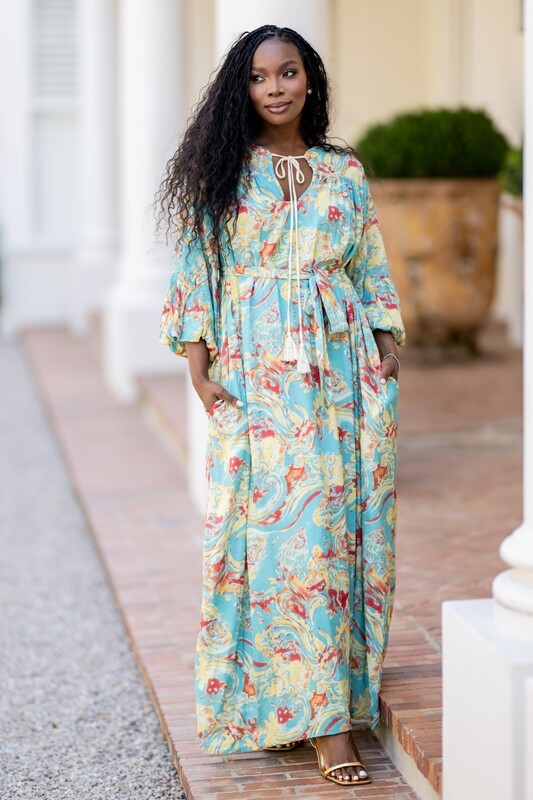 Mastik Multicolour print maxi style dress with bell sleeve detail and matching fabric belt