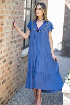 Mastik  lavender blue Solid Color dress with cap sleeve detail V Neck Designed