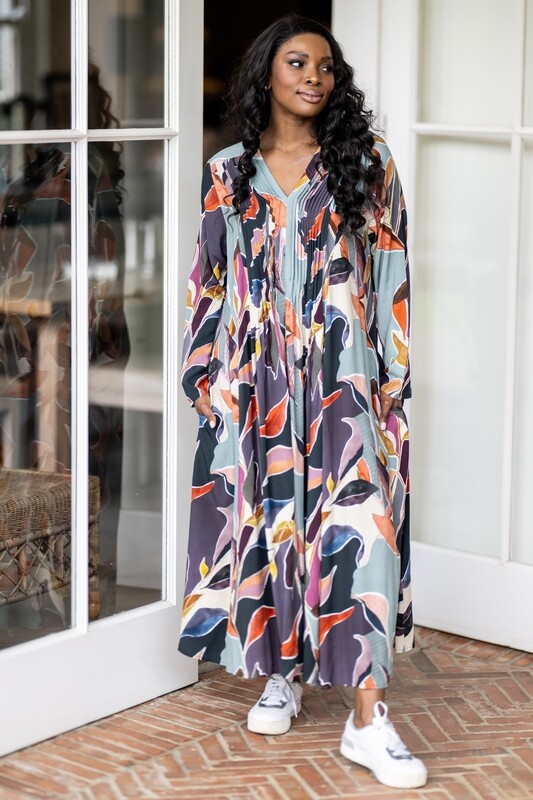 Pleated detail V neck dress