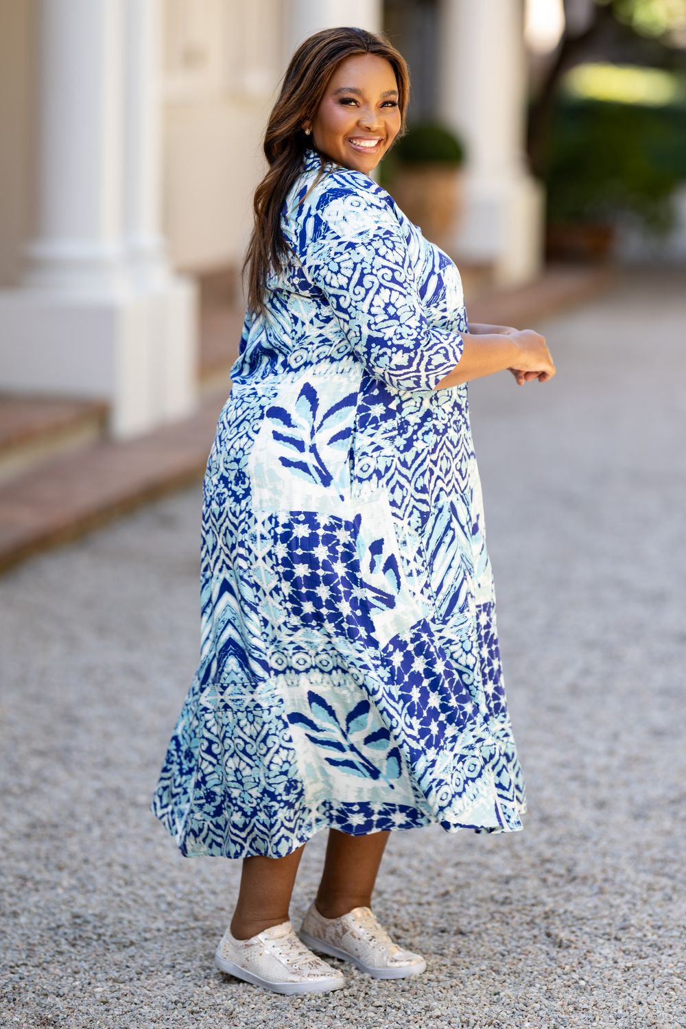 Mastik V neck blue print collared dress