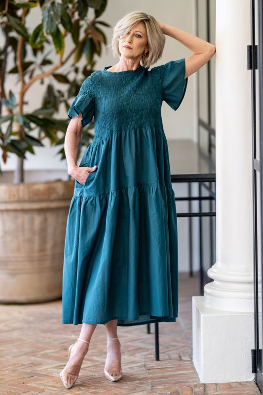Mastik Forest Green tiered dress, with roughed bodice