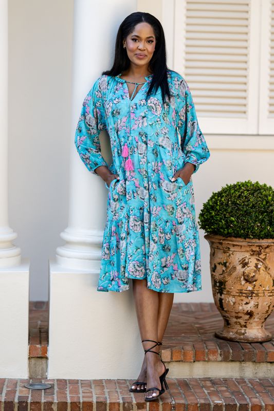 Mastik blue print , tiered  dress with pink tussles