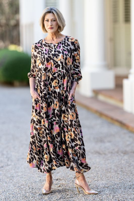 Mastik fit to flair tiered leopard print dress