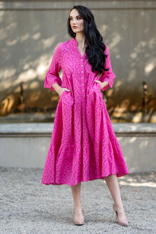 Mastik fuchsia tiered lace dress with a matching underdress