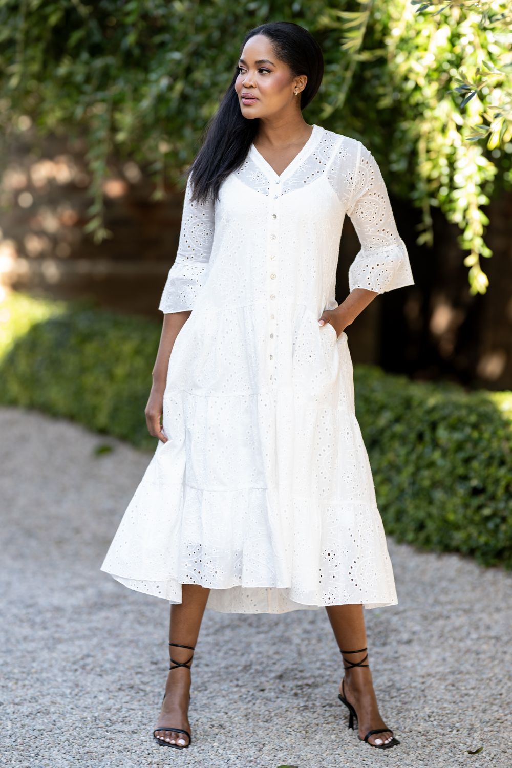 Mastik Lace tiered button down dress with a matching underdress