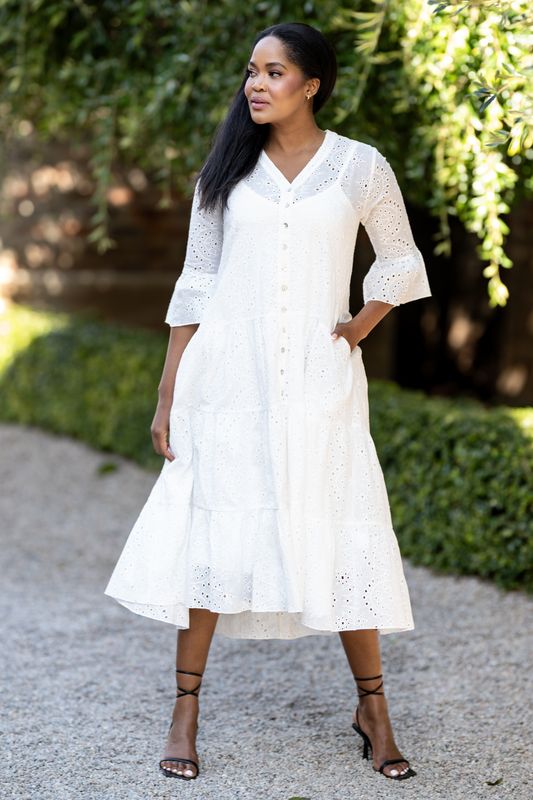 Mastik Lace tiered button down dress with a matching underdress