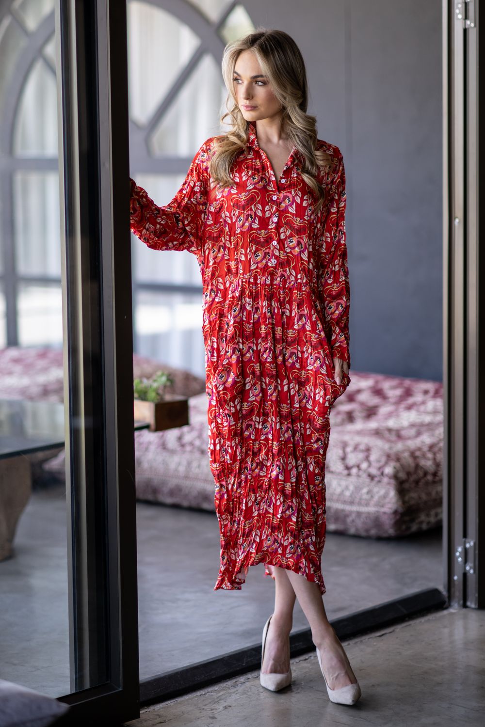 Mastik Vibrant Floral Collared Dress with Buttons and Dropped Pocket Detail