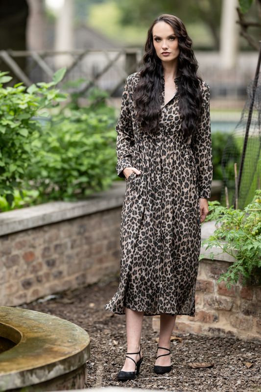 A chic, long shirt dress,  Leopard button-down