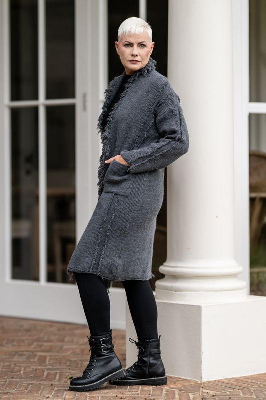 Mid length , frayed trim cardigan