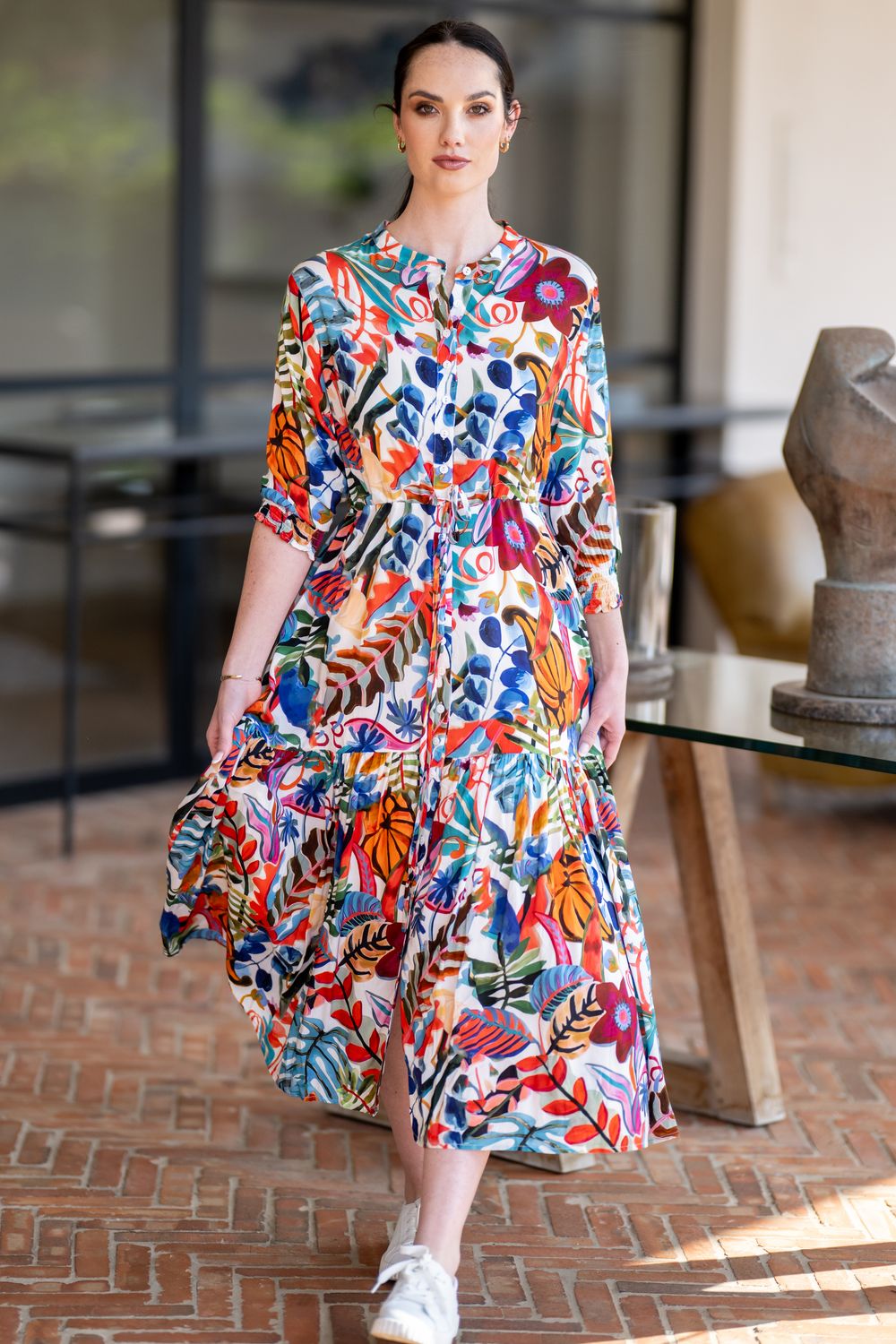 Tropical Garden Tiered dress, in sunset inspired colors