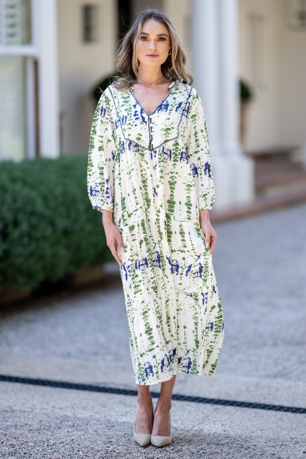 Mastik  White Green &amp; Blue Print style dress