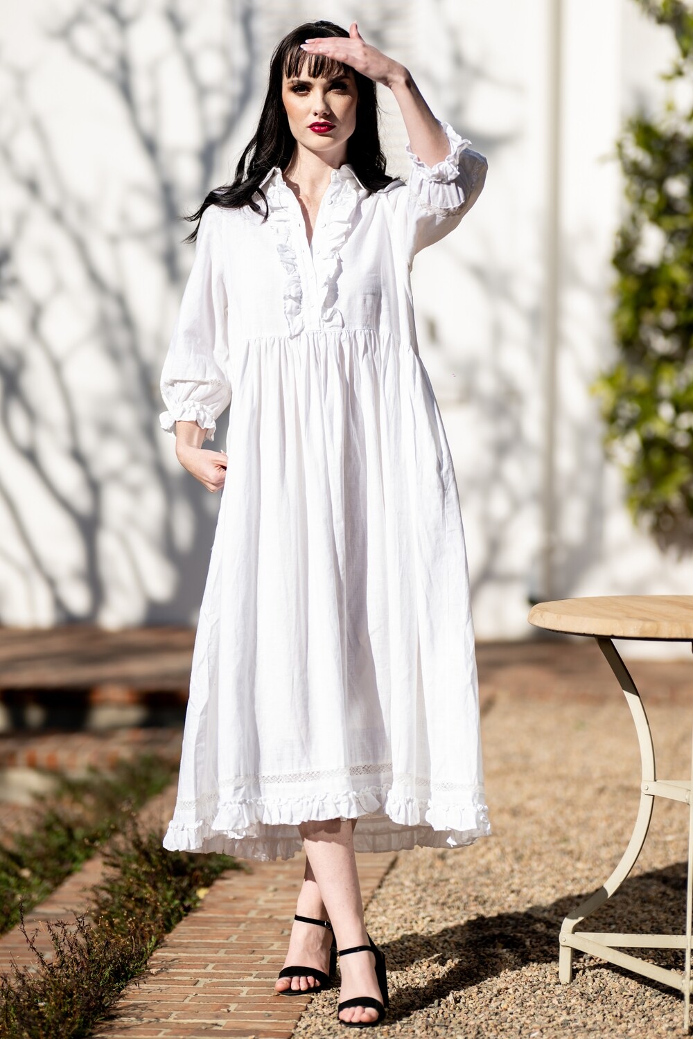Mastik white frill neck style dress with frill sleeve detail