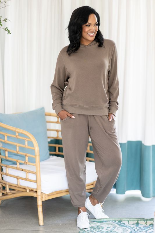 mastik hooded lounge set in cocoa earth color