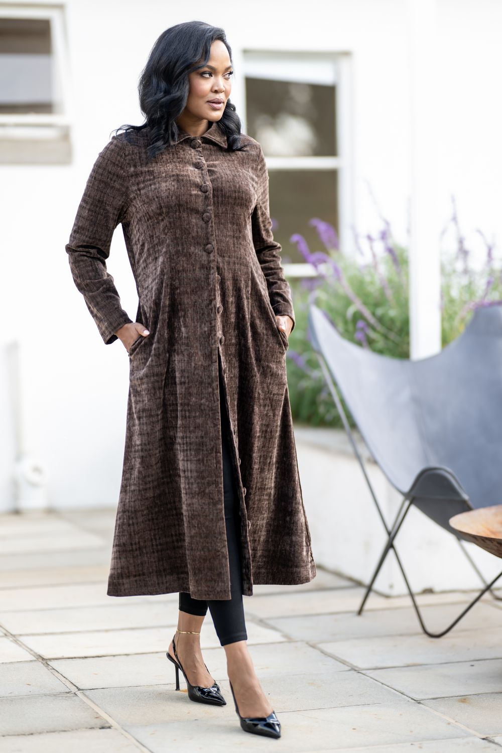 Luxe mastik velvet coat dress in chestnut brown