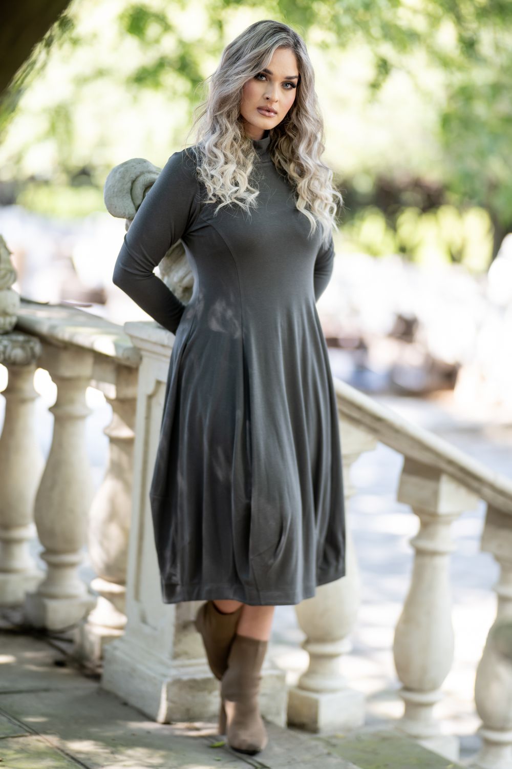 dark moss high neck midi mastik dress