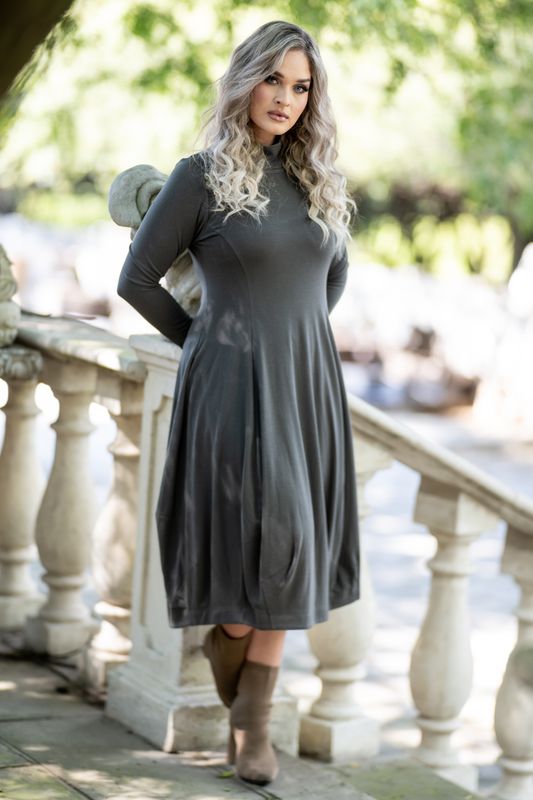 dark moss high neck midi mastik dress