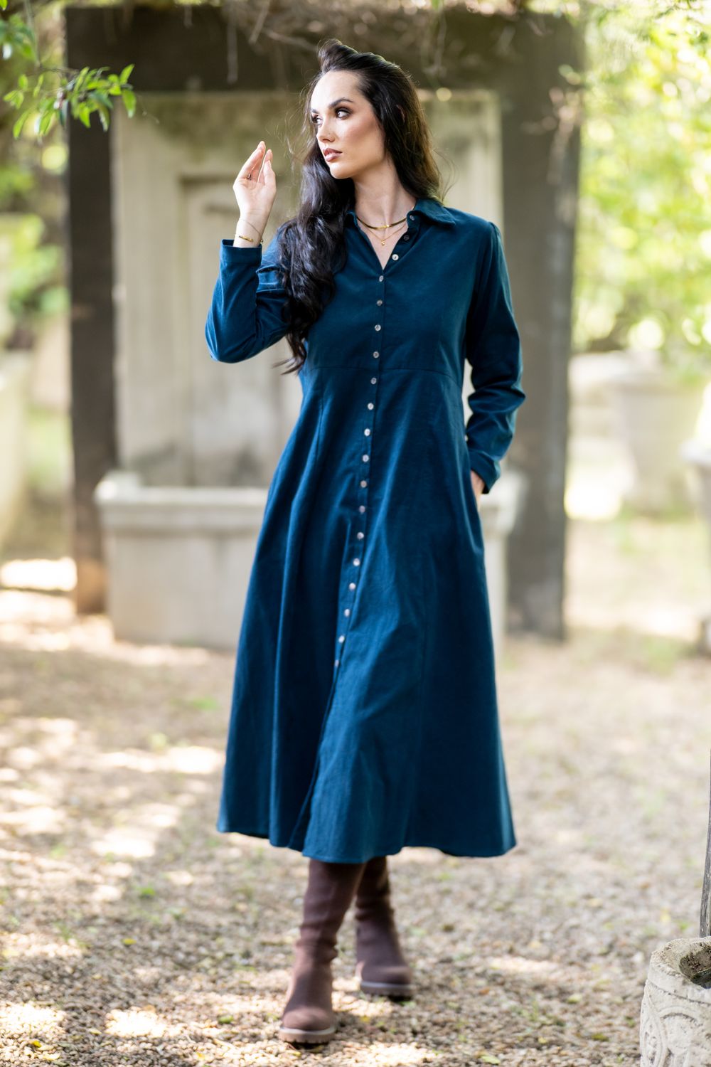 midnight teal baby cord shirt dress