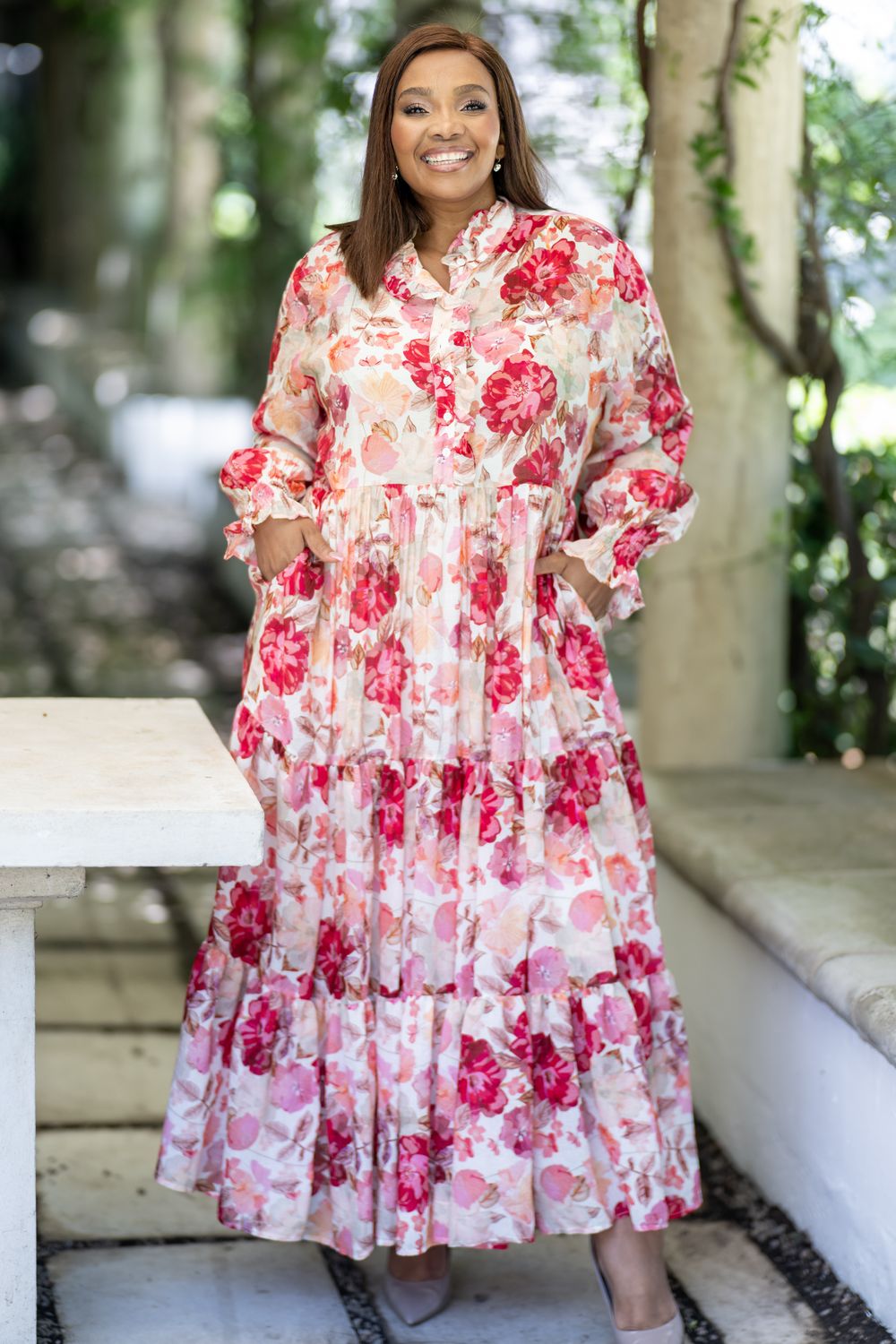 rosewood garden mastik tiered maxi dress