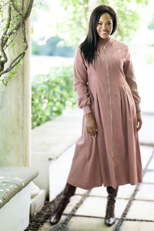 warm rosewood baby cord maxi zipped jacket dress