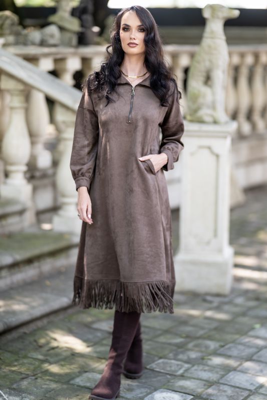 Dark Truffle mastik Suede Fringe dress