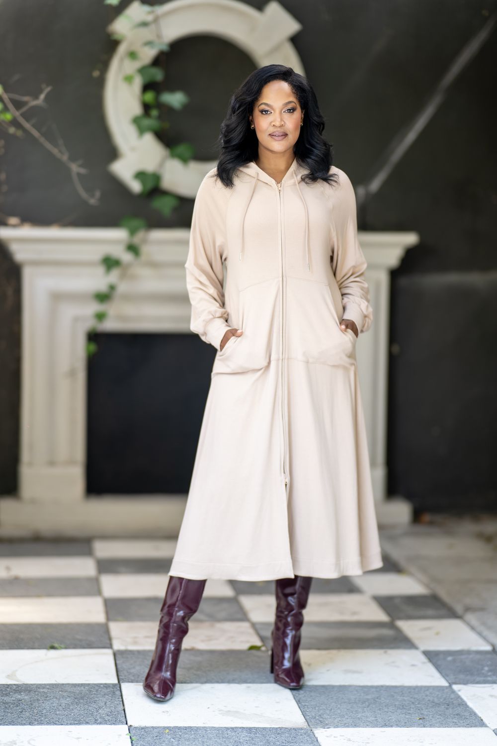 Hooded mastik full zip Midi dress-coatigan